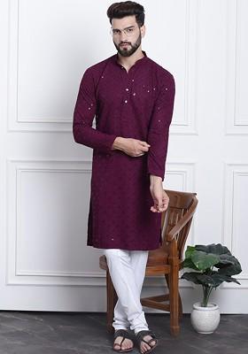 Purple Embroidered Cotton Kurta Set For Men