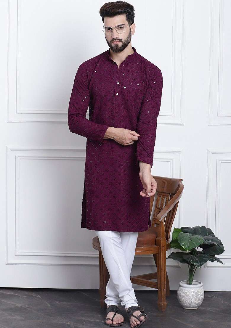 Purple Embroidered Cotton Kurta Set For Men - Indya