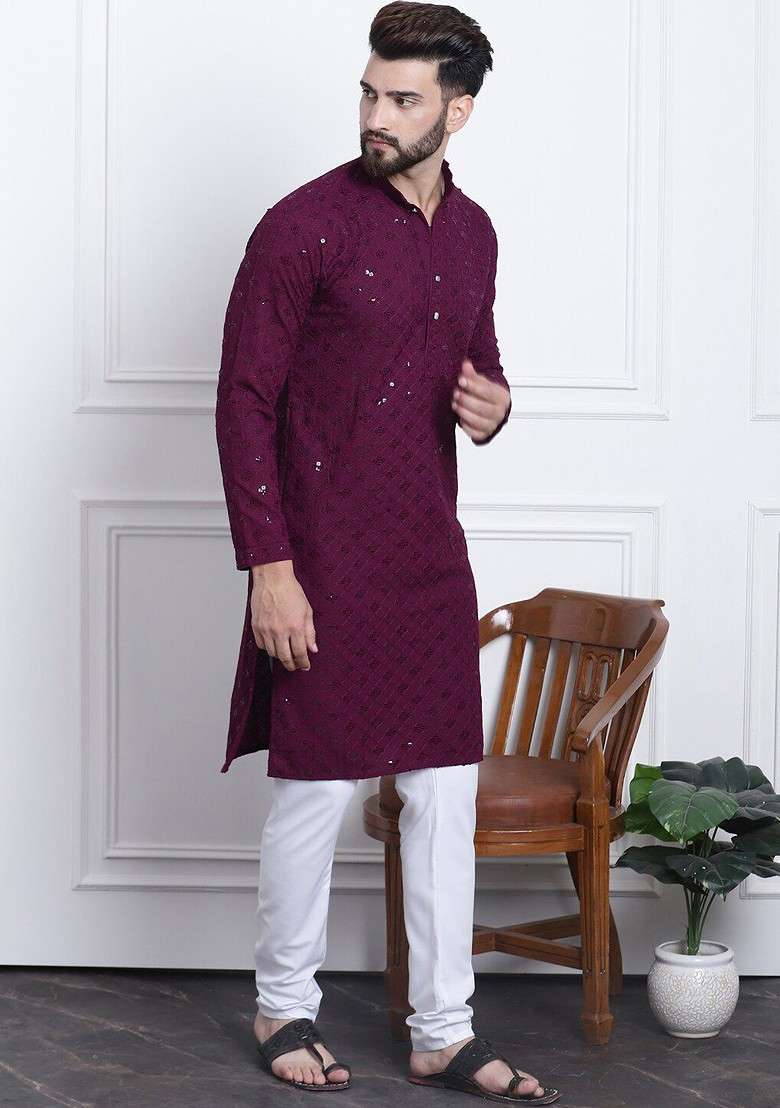 Purple Embroidered Cotton Kurta Set For Men - Indya