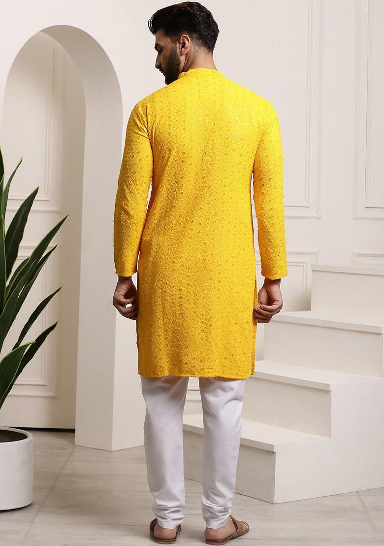 Mustard Embroidered Cotton Kurta Set For Men