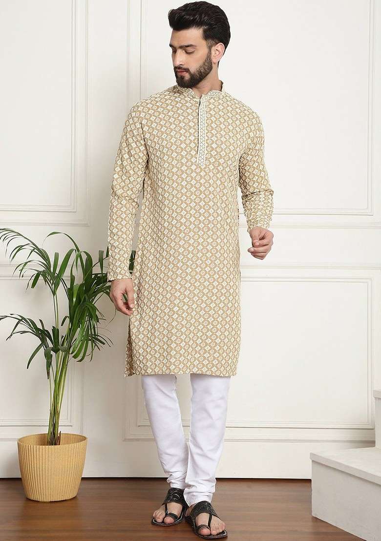 Beige Thread Work Cotton Kurta Set For Men - Indya