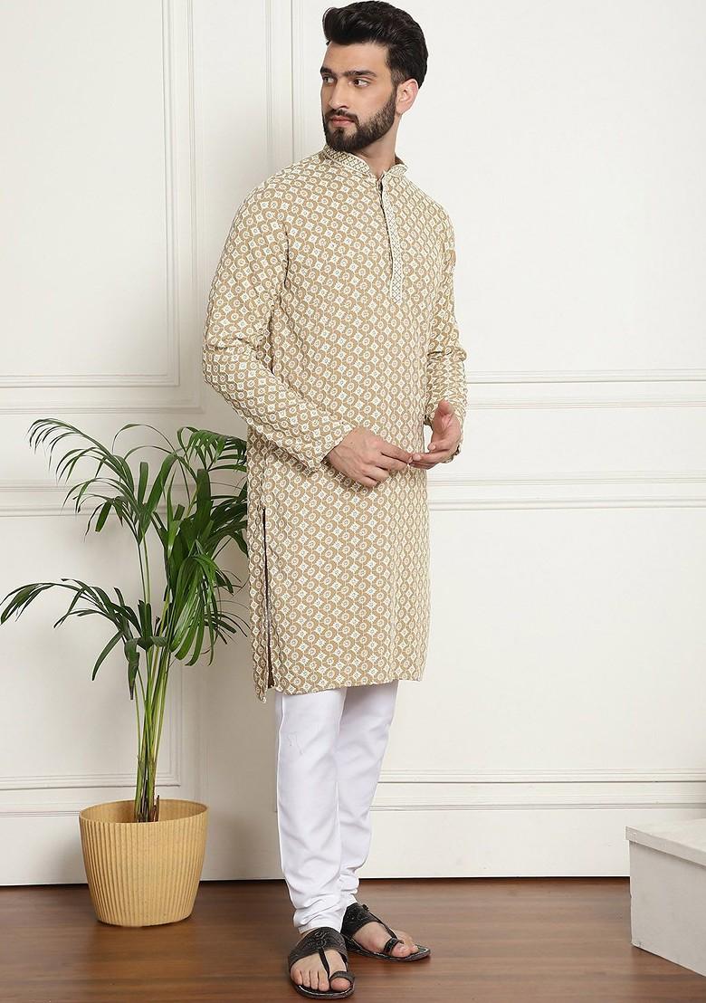 Beige Thread Work Cotton Kurta Set For Men