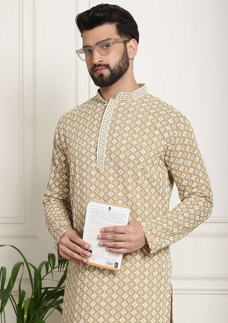 Beige Thread Work Cotton Kurta Set For Men - Indya