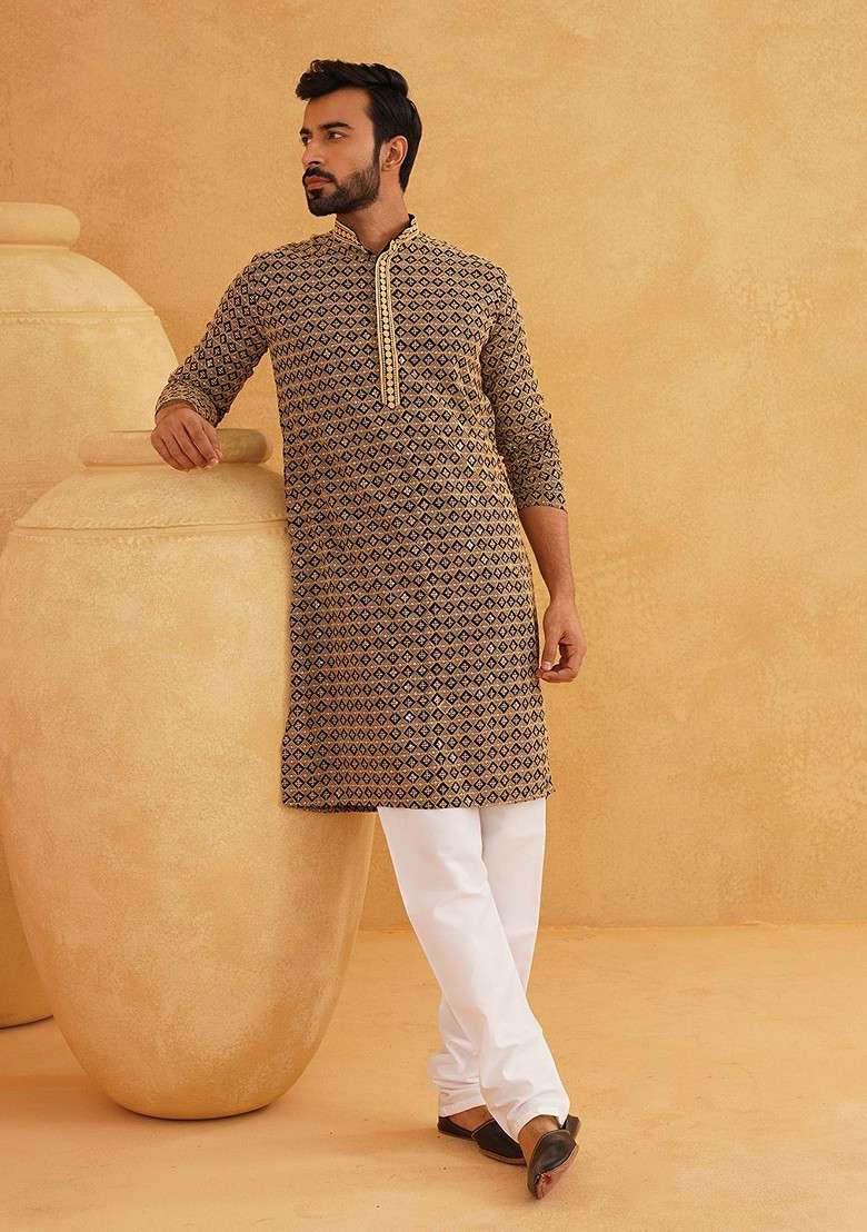 Gold Embroidered Cotton Kurta Set For Men - Indya