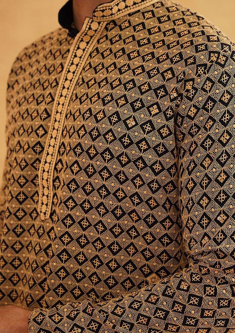 Gold Embroidered Cotton Kurta Set For Men - Indya