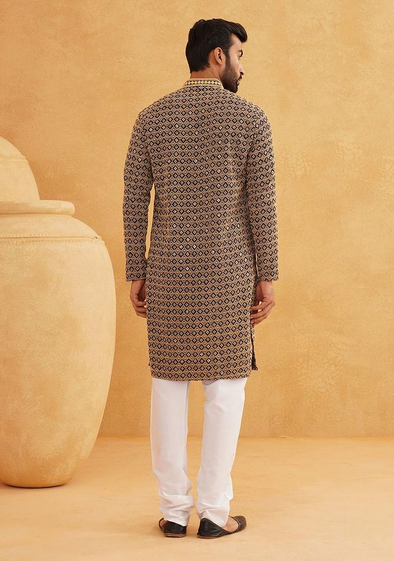 Gold Embroidered Cotton Kurta Set For Men