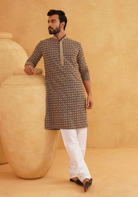 Gold Embroidered Cotton Kurta Set For Men