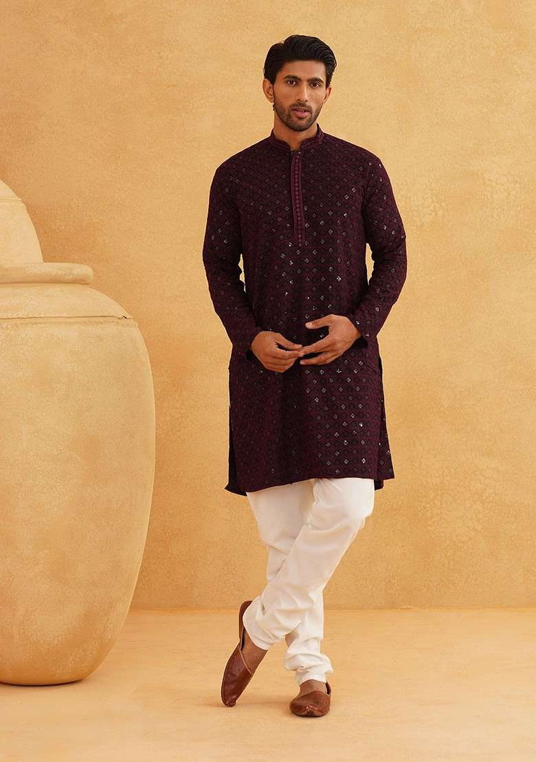 Purple Thread Work Cotton Kurta Set For Men - Indya