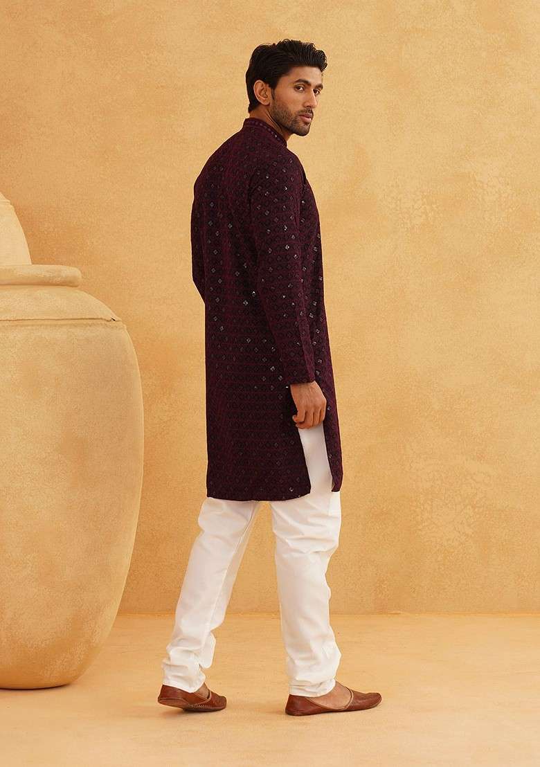 Purple Thread Work Cotton Kurta Set For Men - Indya