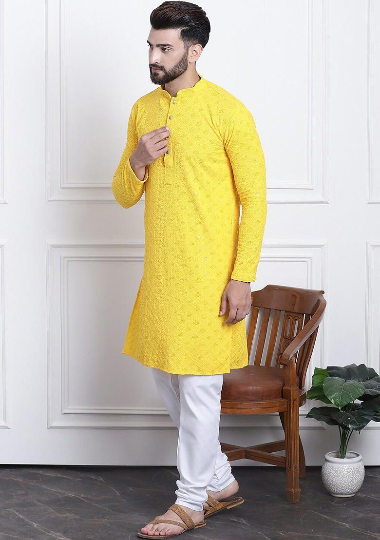 Yellow Embroidered Cotton Kurta Set For Men