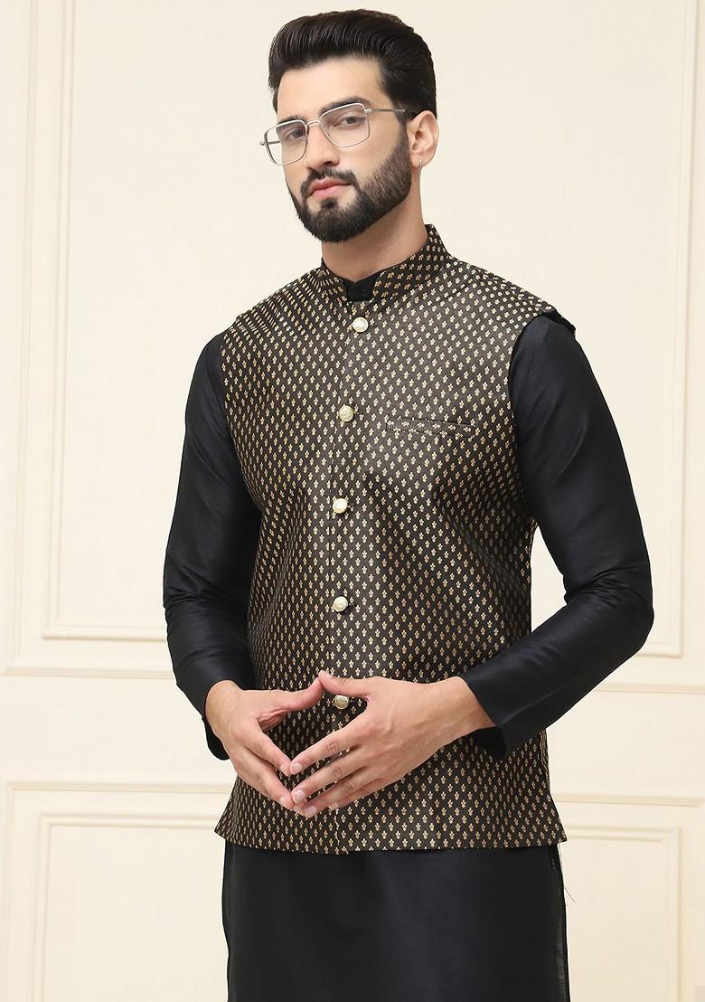 Black Solid Poly Blend Kurta Set For Men