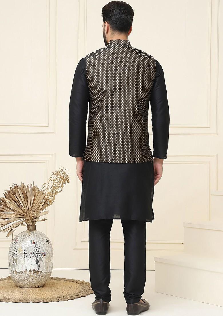Black Solid Poly Blend Kurta Set For Men