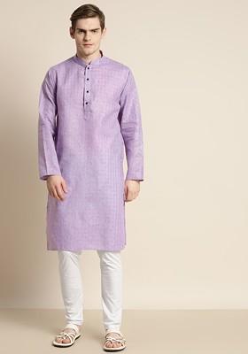 Lavender Solid Poly Blend Kurta Set For Men