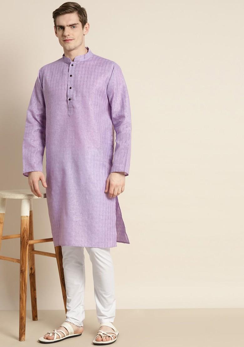 Lavender Solid Poly Blend Kurta Set For Men