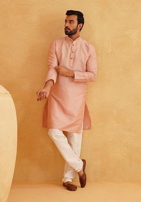 Pink Woven Poly Blend Kurta Set For Men