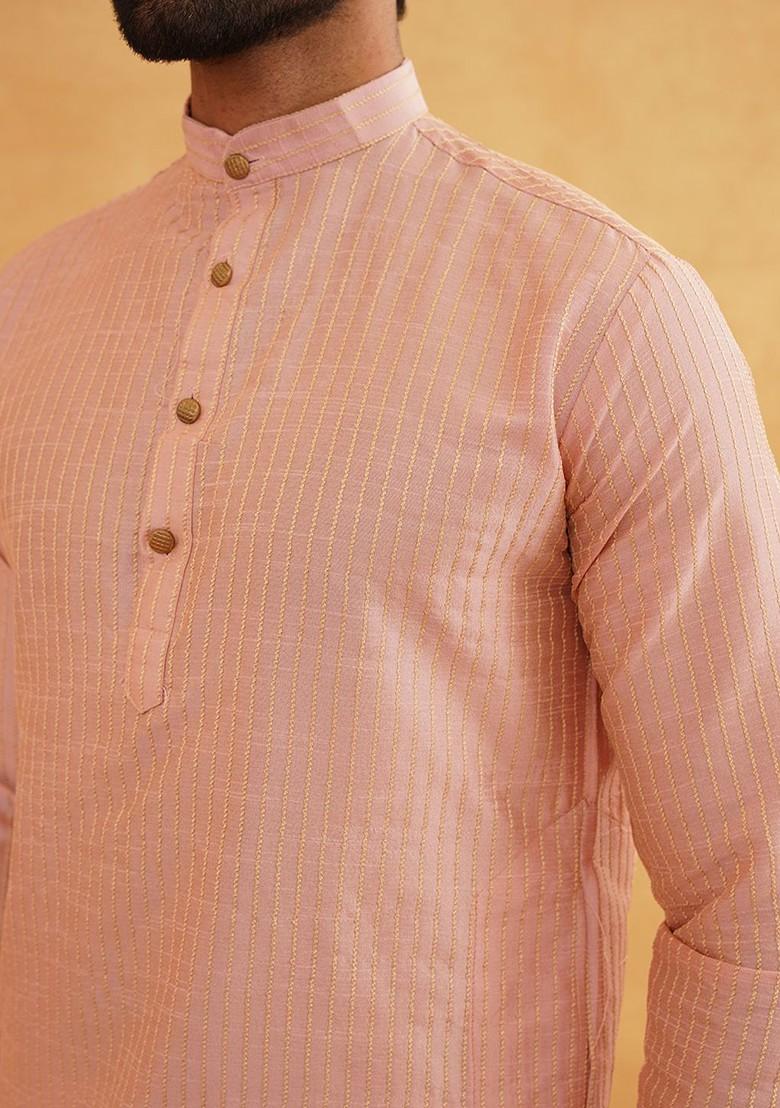 Pink Woven Poly Blend Kurta Set For Men
