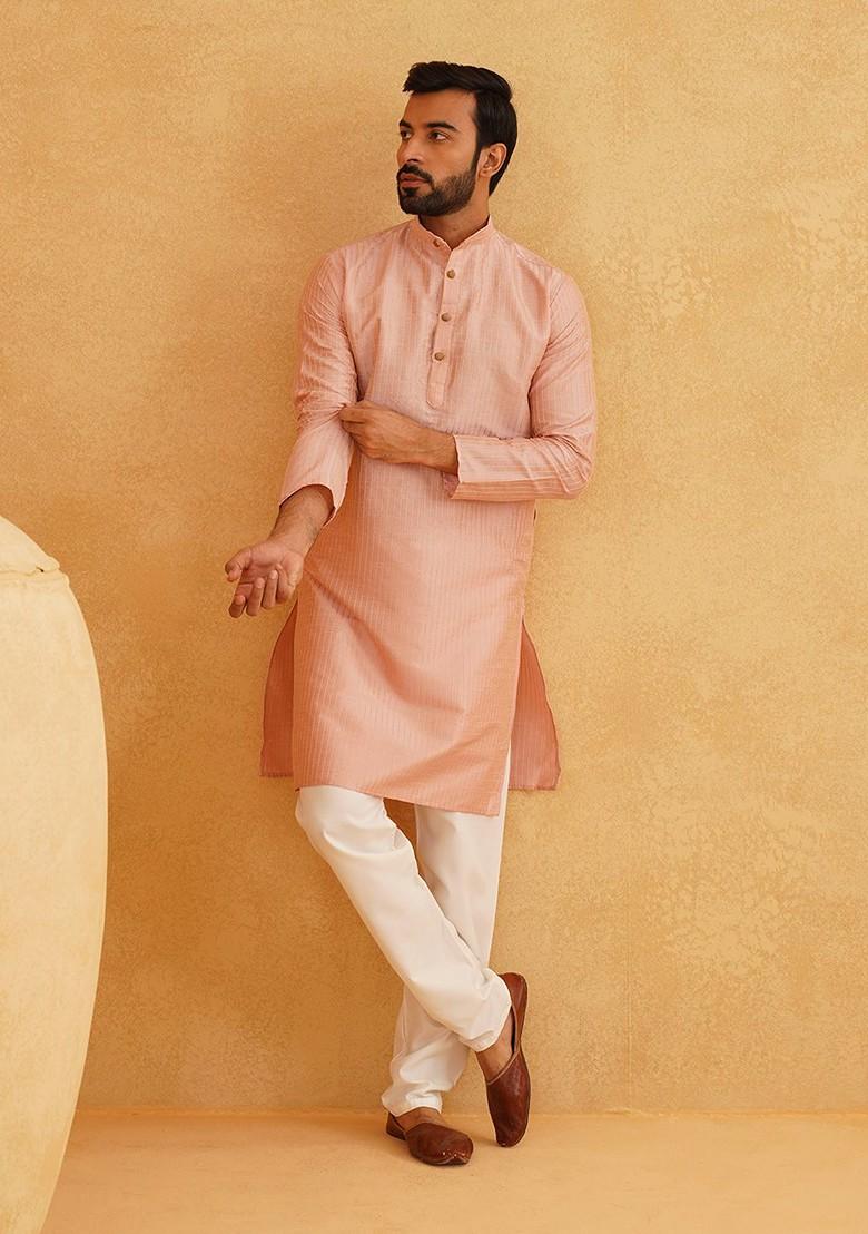 Pink Woven Poly Blend Kurta Set For Men