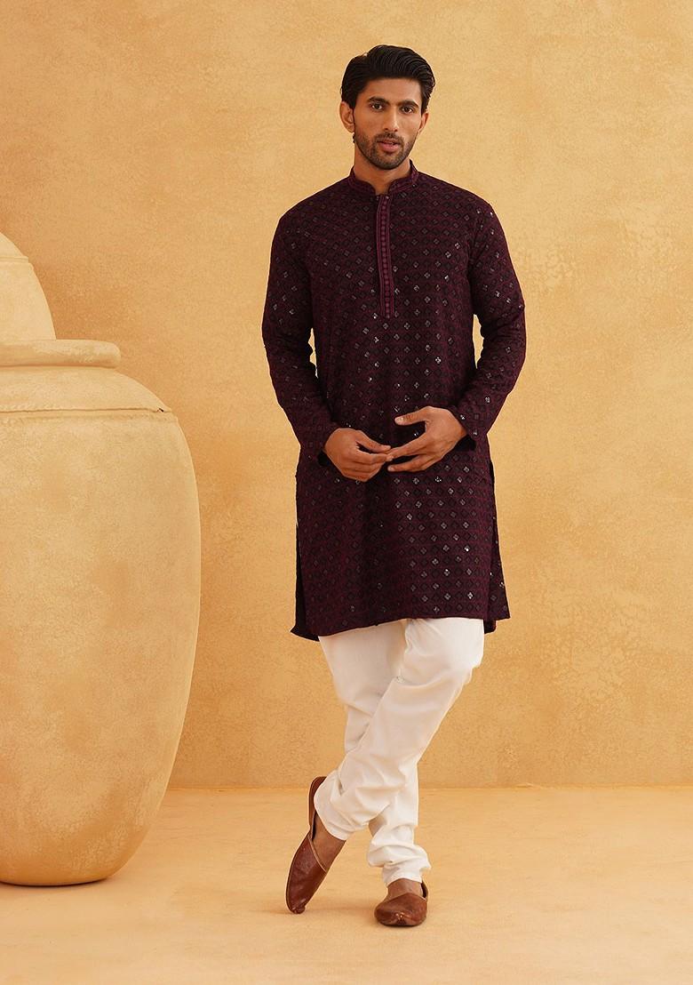 Purple Embroidered Cotton Kurta Set For Men
