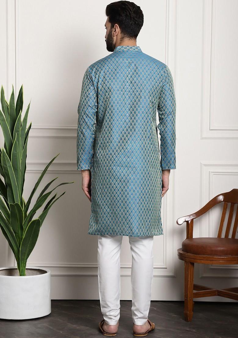 Blue Woven Poly Blend Kurta Set For Men