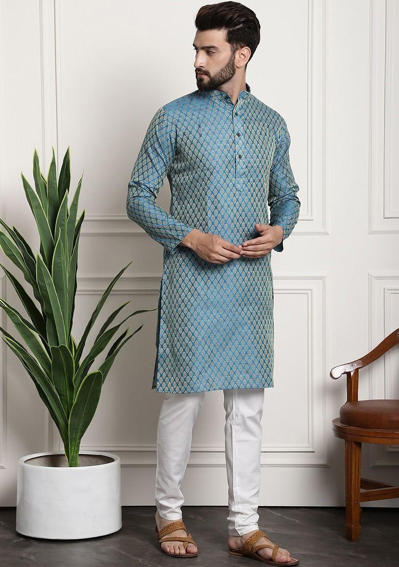 Blue Woven Poly Blend Kurta Set For Men