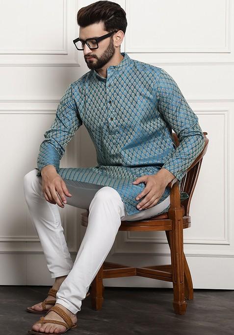 Blue Woven Poly Blend Kurta Set For Men — view on Indya