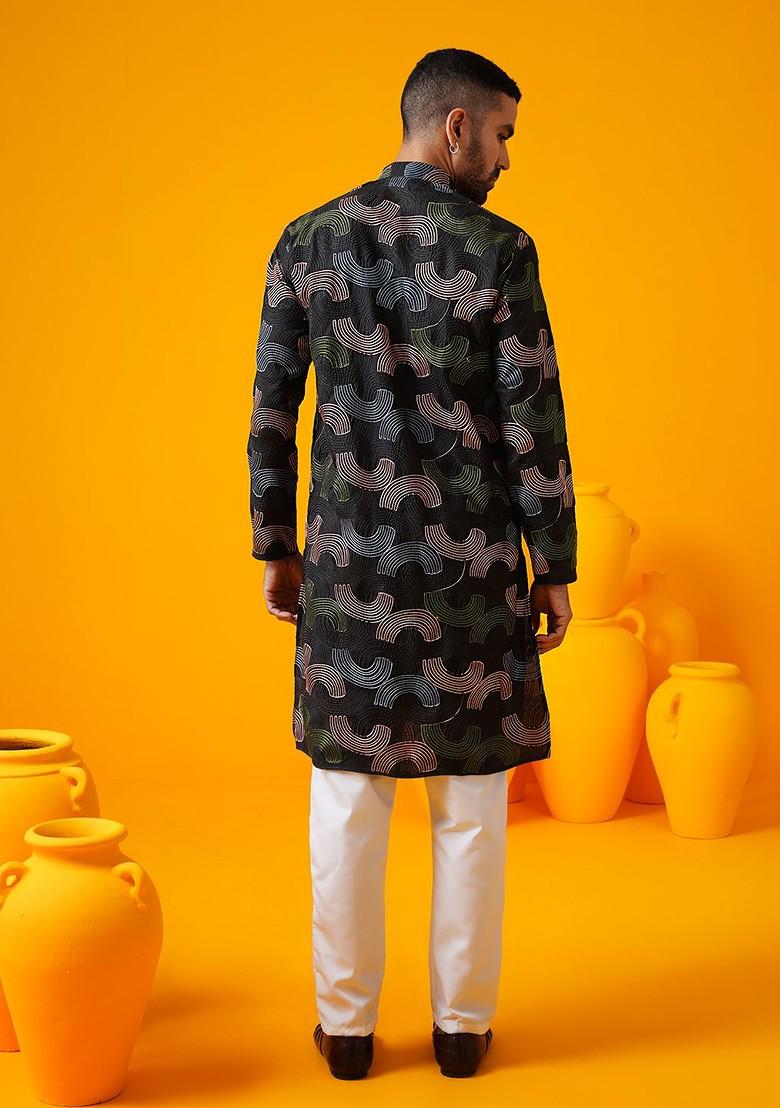 Black Embroidered Poly Blend Kurta Set For Men