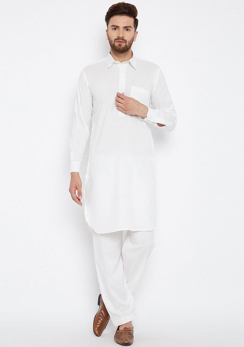 White Solid Poly Blend Kurta Set For Men