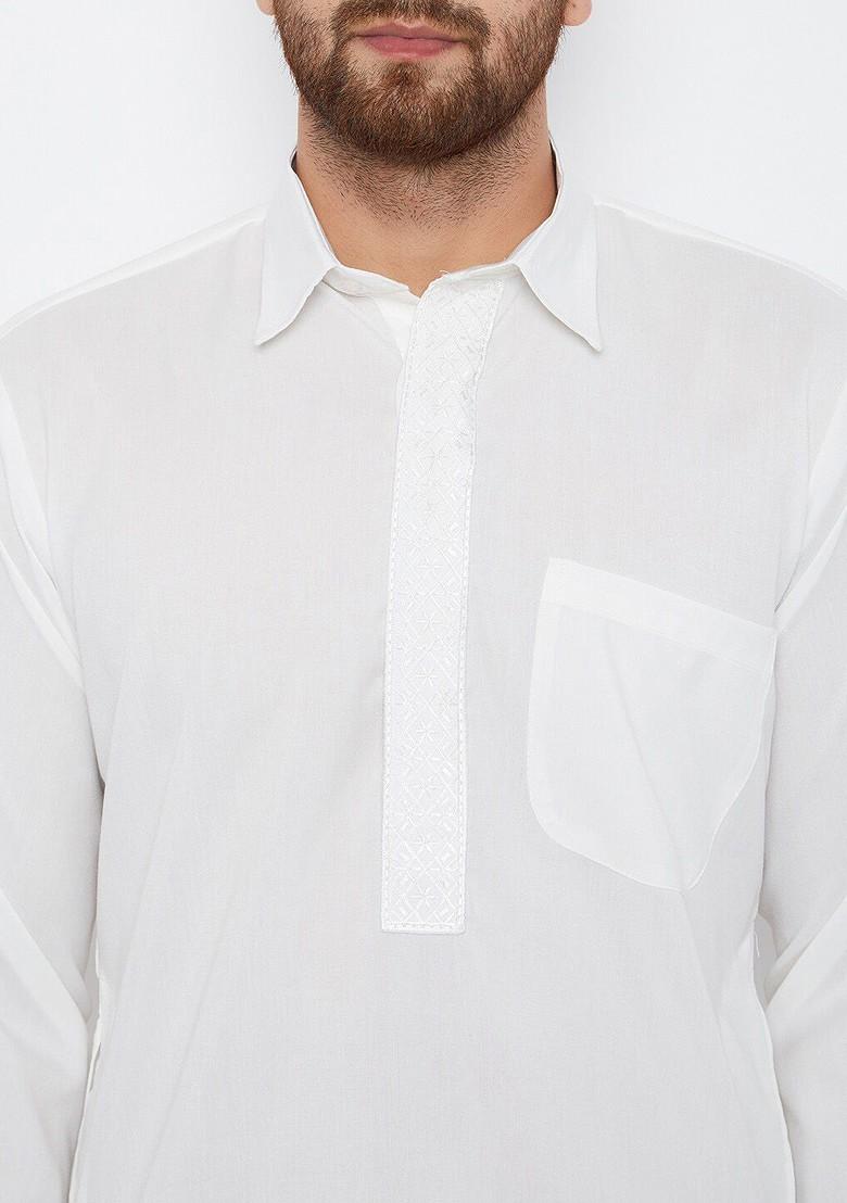 White Solid Poly Blend Kurta Set For Men