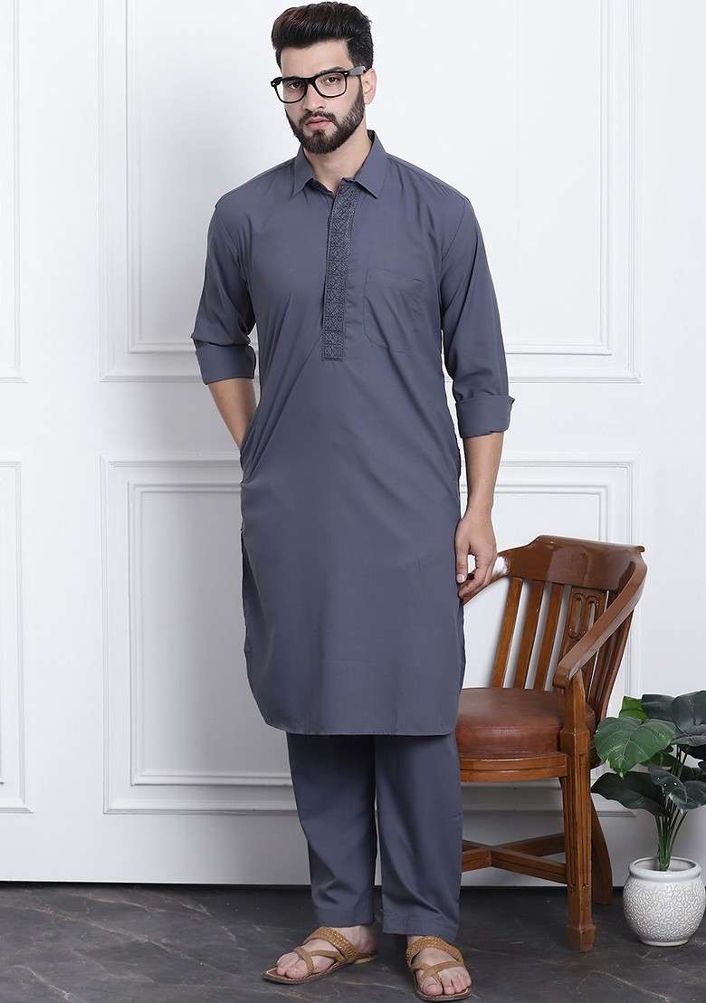 Grey Solid Poly Blend Kurta Set For Men - Indya