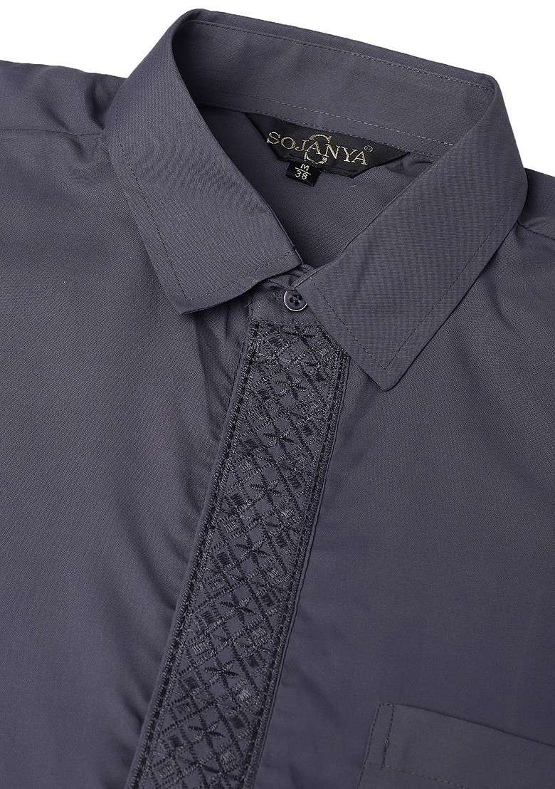 Grey Solid Poly Blend Kurta Set For Men - Indya
