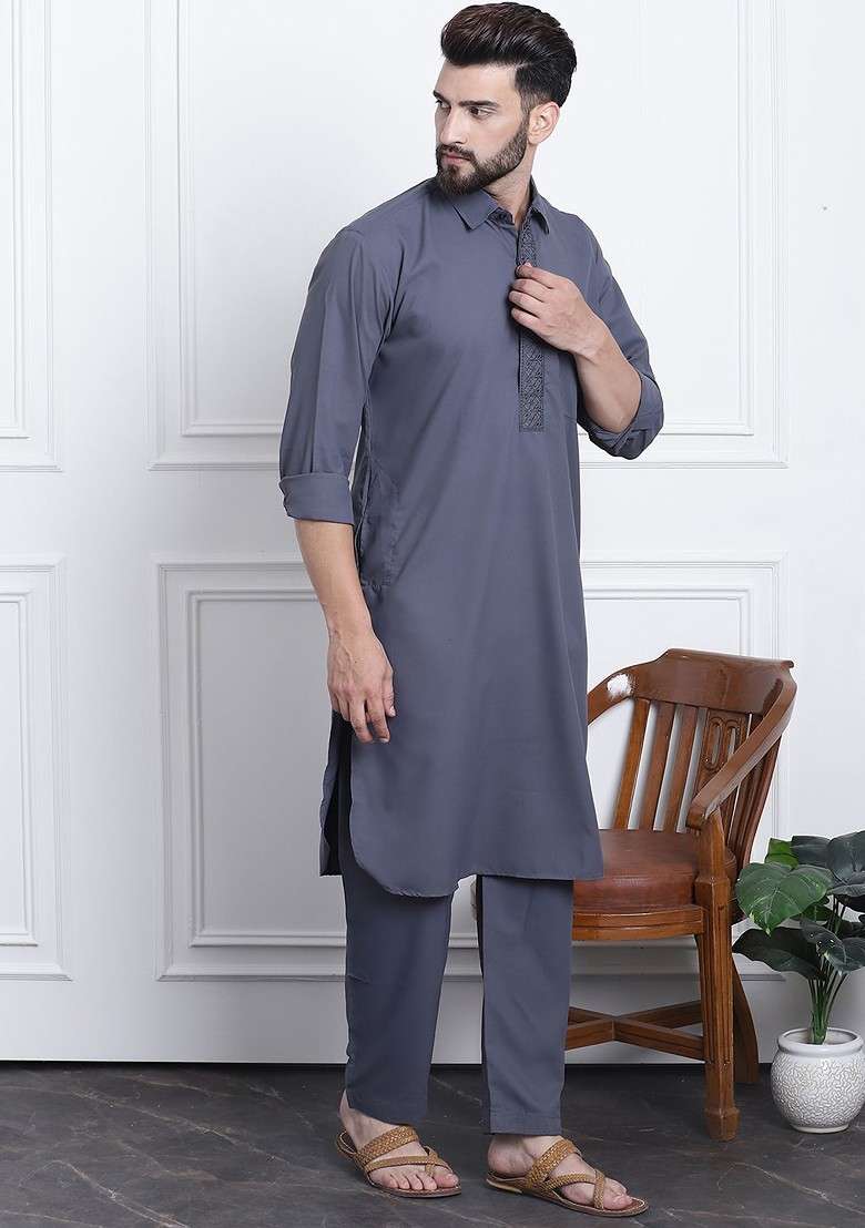 Grey Solid Poly Blend Kurta Set For Men - Indya