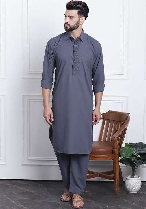 Grey Solid Poly Blend Kurta Set For Men