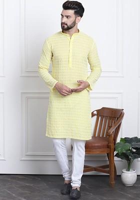 Yellow Thread Work Cotton Kurta Set For Men
