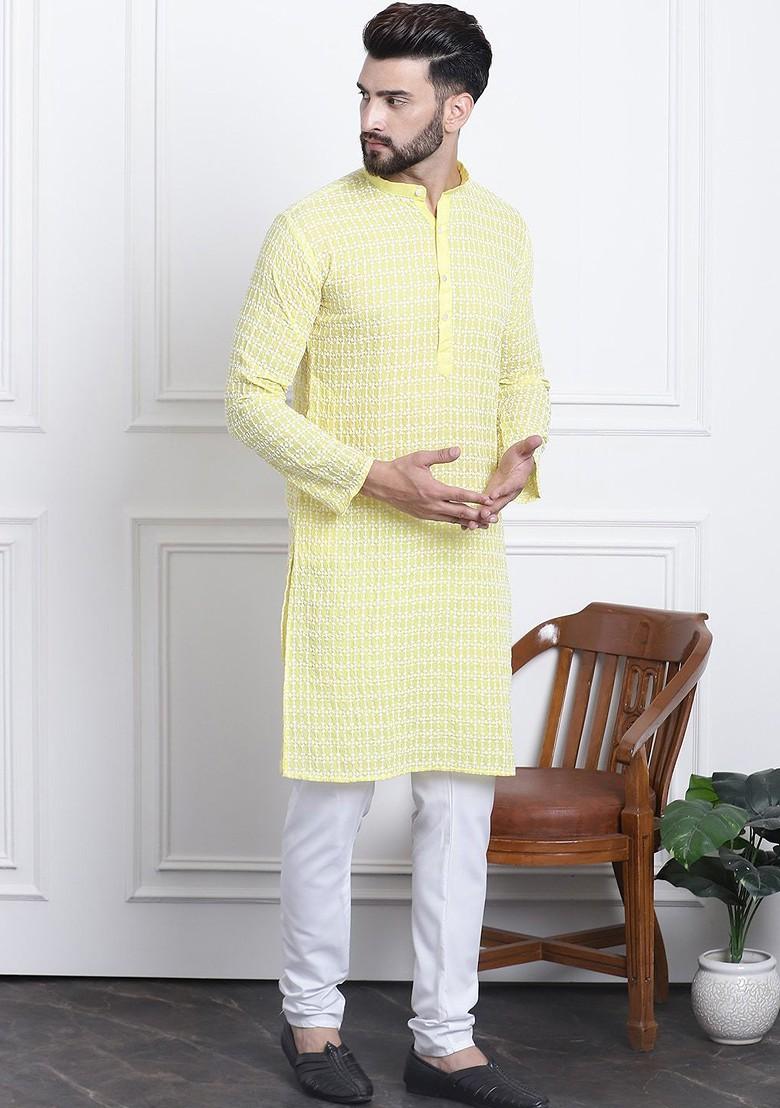 Yellow Thread Work Cotton Kurta Set For Men