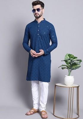 Teal Blue Embroidered Cotton Kurta Set For Men