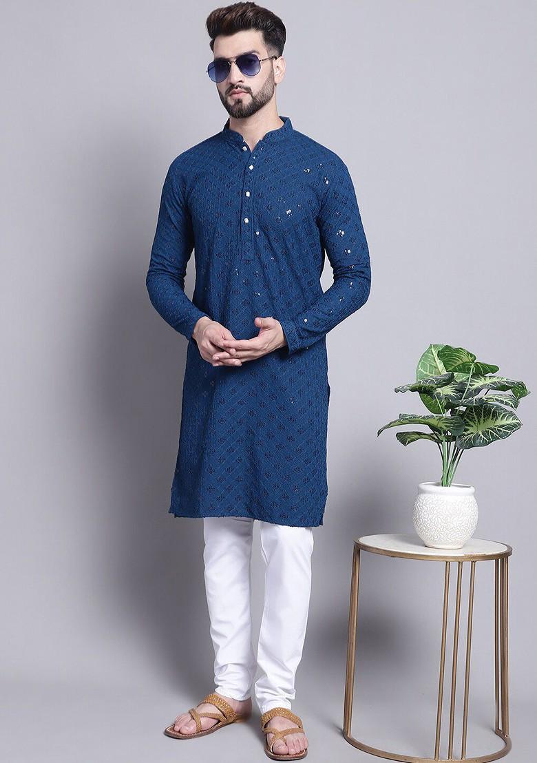 Teal Blue Embroidered Cotton Kurta Set For Men