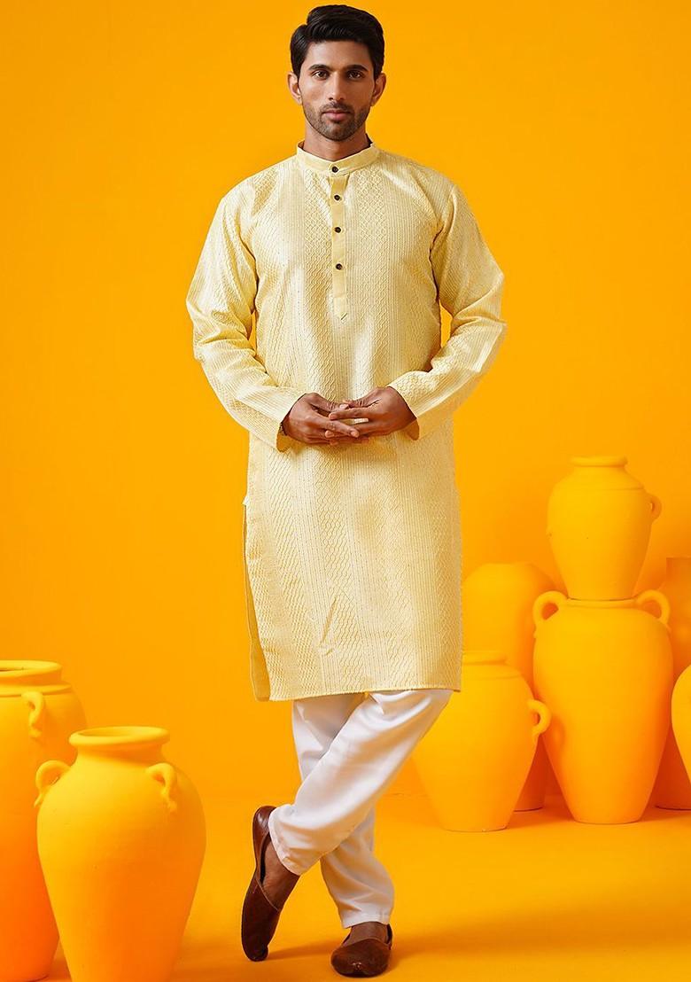 Yellow Thread Work Poly Blend Kurta Set For Men