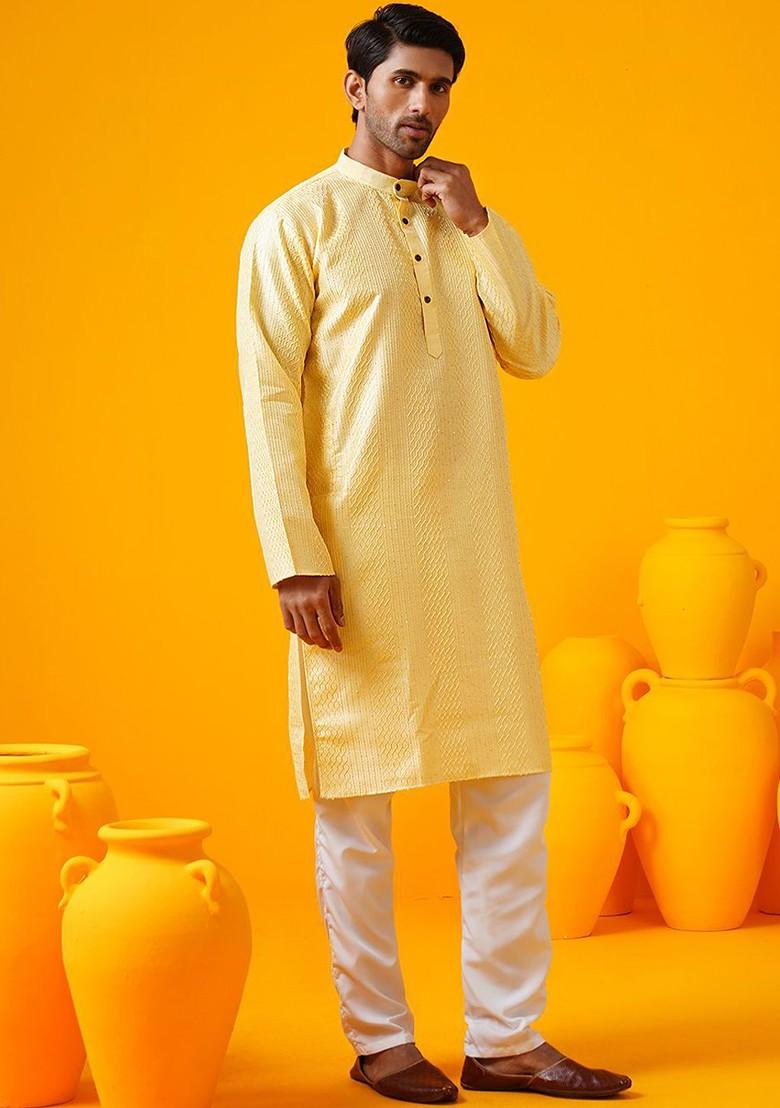 Yellow Thread Work Poly Blend Kurta Set For Men