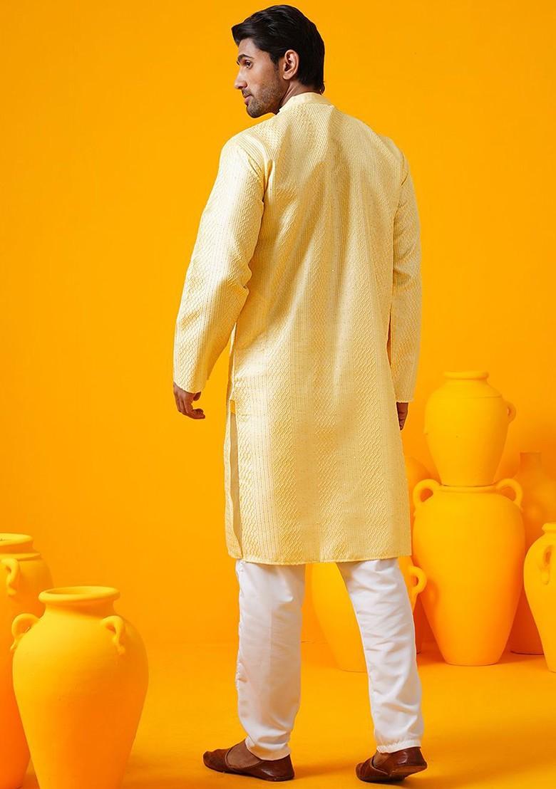 Yellow Thread Work Poly Blend Kurta Set For Men