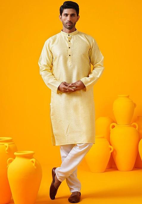 Yellow Thread Work Poly Blend Kurta Set For Men
