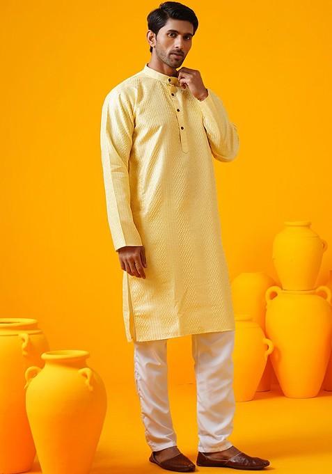 Yellow Thread Work Poly Blend Kurta Set For Men