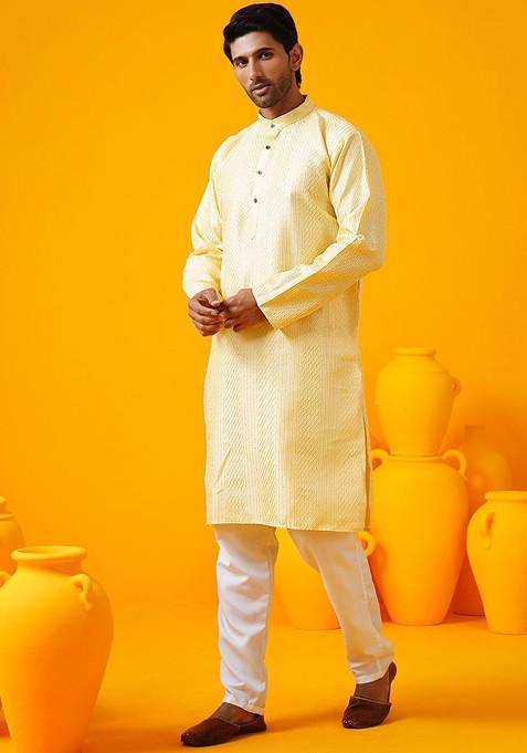 Yellow Thread Work Poly Blend Kurta Set For Men