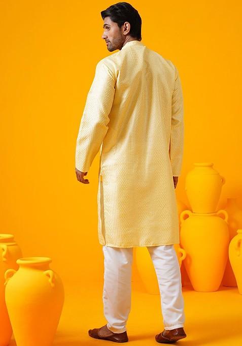 Yellow Thread Work Poly Blend Kurta Set For Men