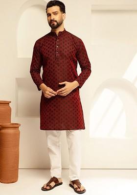 Maroon Thread Work Poly Blend Kurta Set For Men