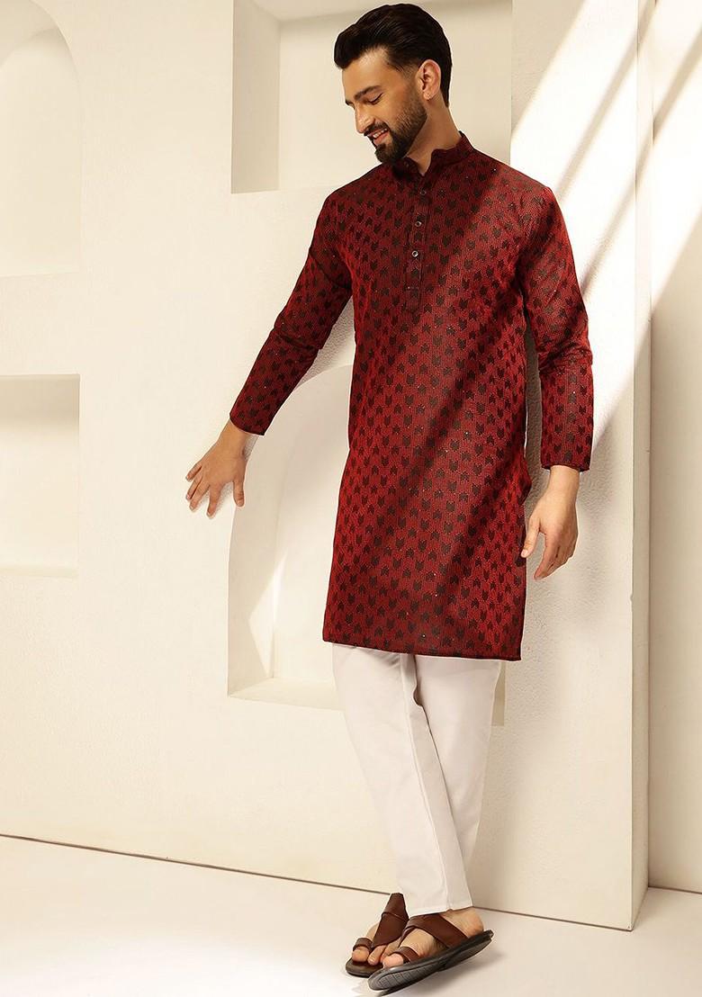 Maroon Thread Work Poly Blend Kurta Set For Men