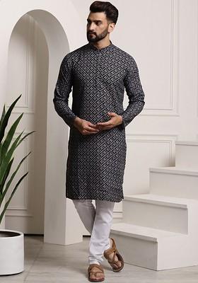 Black Printed Cotton Kurta Set For Men