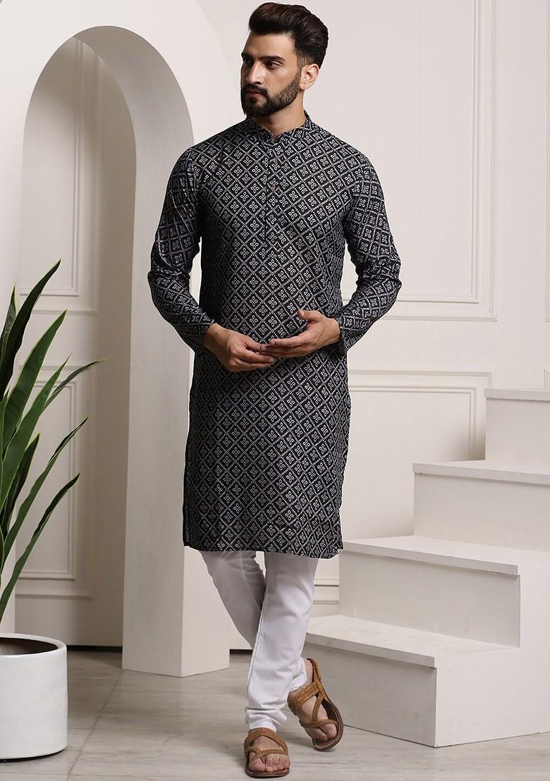Black Printed Cotton Kurta Set For Men