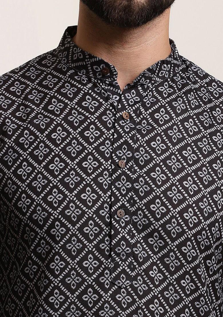 Black Printed Cotton Kurta Set For Men