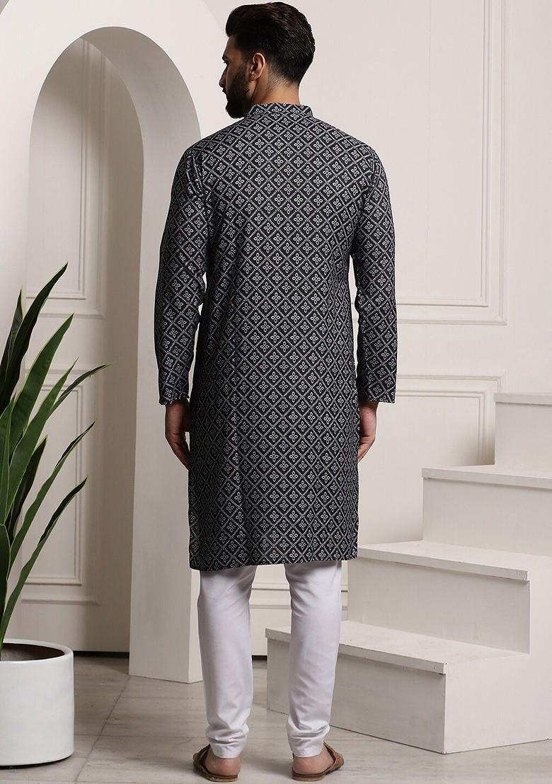 Black Printed Cotton Kurta Set For Men