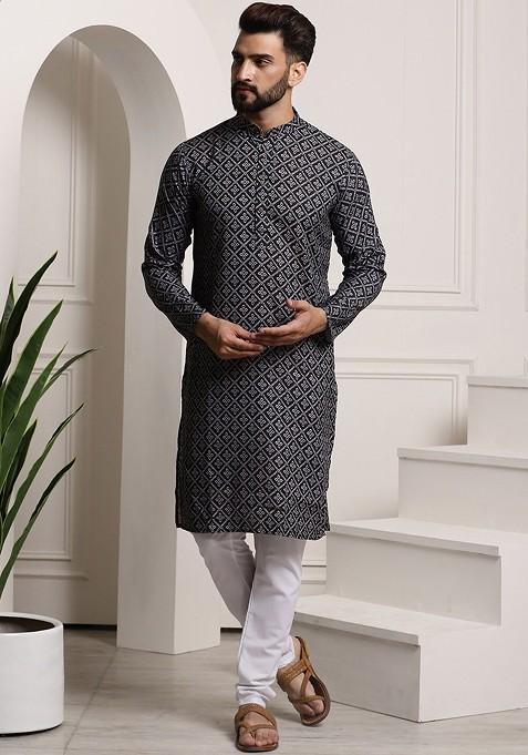 Black Printed Cotton Kurta Set For Men